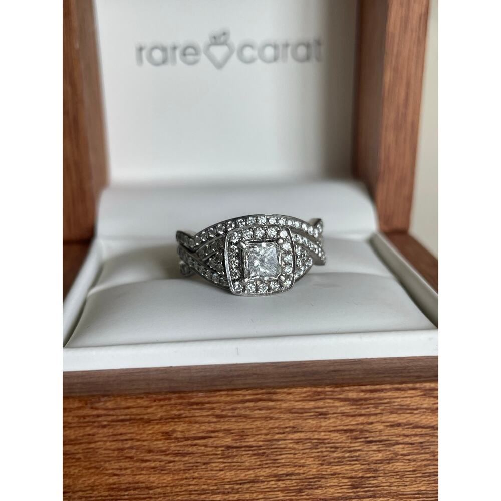 14 karat white gold, diamond halo engagement wedding ring set .61 center - Picture 2 of 16